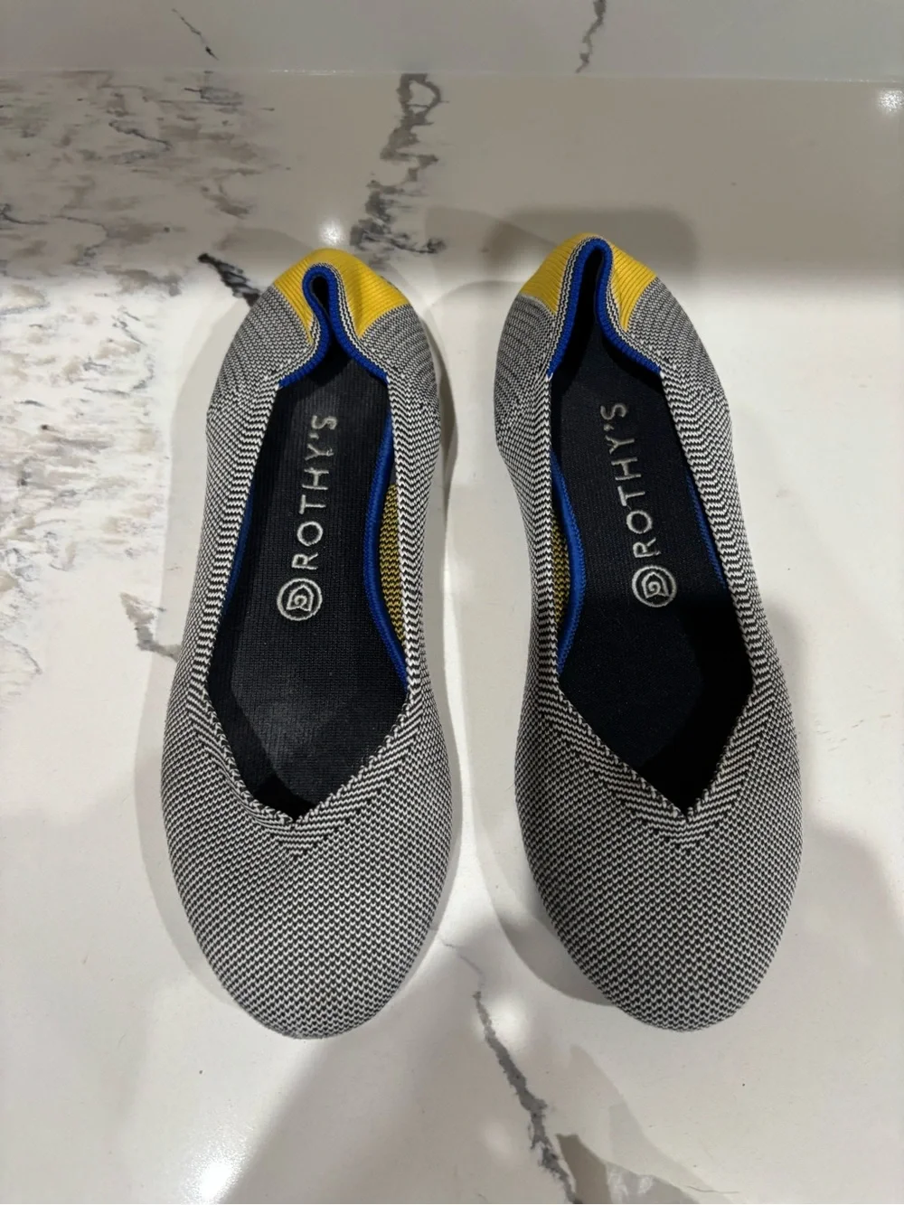 Rothy's Gray Flats with Yellow & Blue Trim